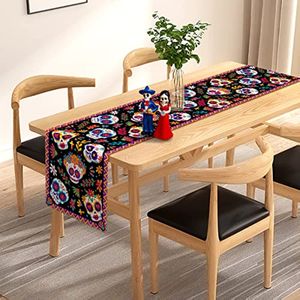 Mexican Day of The Dead Linen Table Runners Kitchen Dinning Table Decor Sugar Skull Table Runners for Dining Table Party Decoration 33*183cm