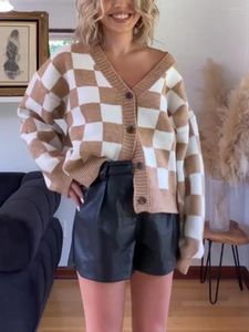 Kvinnors stickor Womens Plaid V Neck Crop Cardigan Sweaters Button Down Long Sleeve Cable Knit Topps Checkerboard