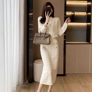 Work Dresses Snva.me 2023 Fashion Button Cardigan Long Sleeve Top High Waist Sheath Dress Temperament Commute Knitted Two-Piece