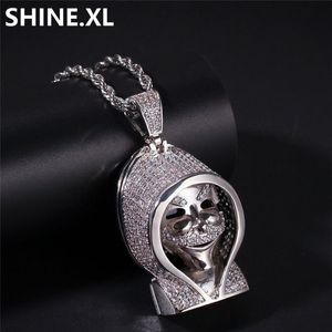 Collana con ciondolo con teschio di morte nero massiccio ghiacciato, micro pavé di zirconi da laboratorio, placcato in oro bianco, gioielli hip-hop da uomo, regalo184c