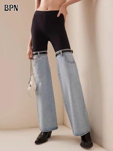 Jeans femininos bpn hit cor emendado cinto para mulheres cintura alta retalhos bolsos magro striaght perna larga calça feminina estilo de moda roupas