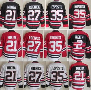 CCM Hockey Retro 21 Stan Mikita Jersey går i pension 2 Duncan Keith 35 Tony Esposito 27 Jeremy Roenick Black White Red Team Brodery Vintage Classic Pure Cotton Pullover