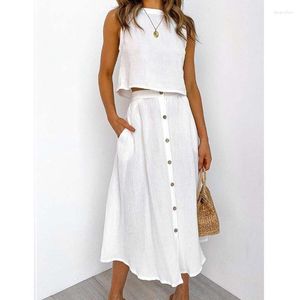 Work Dresses Muslin Cotton Gauze 2 Piece Sets Womens Outfits Casual Sleeveless Tops With Long Skirts Set Conjuntos De Falda