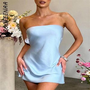 Casual Dresses Boofeenaa Strapless Backless Mini Dresses Satin Flowy Short Party Dress Black Blue Sexy Night Club Outfits For Wome3084