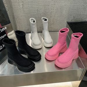 Buty różowe damskie elastyczne buty poślizgnąć się na modzie Sock Women z klinami platforma obuwia Botynki Mujer kostki 231009