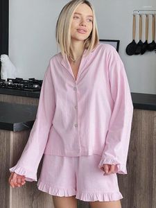 Damen-Nachtwäsche, Linad, lockere Heimkleidung, 2-teilige Sets, rosa Rüschen, lange Ärmel, weibliche Freizeitanzüge mit Shorts, Sommerpyjamas