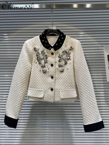 Women's Jackets Jacket Autumn Clothes Luxury Fashion Rhinestone Flower Beaded Velvet Collar Edge Coat Long Sleeve Elegant