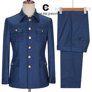 Mäns kostymer Cenne des Graoom Safari Men Gold Button Square Collar Skräddarsydd formell Formell avslappnad Business Official Wear Costume Homme Blue {Kategori}