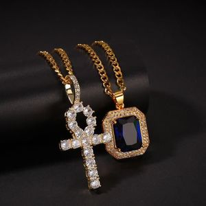 Ägyptischer Ankh Schlüssel des Lebens Bling Strass Kreuz Anhänger mit rotem Rubin Anhänger Halskette Set Männer Hip Hop Schmuck245n