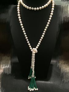 Ketten 7–8 mm natürliche Perlenpullover-Halskette, grüne Quaste, 127 cm