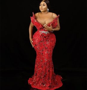 2023 Oct Aso Ebi Arabic Mermaid Red Prom Dress Sequined Lace Sexy Evening Formal Party Second Reception Birthday Engagement Gowns Dresses Robe De Soiree ZJ317