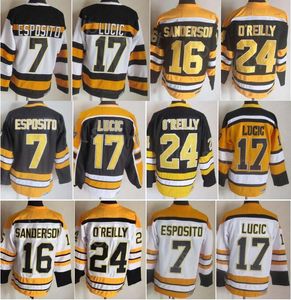 CCM Hockey Retro 75 Anniversary 17 Milan Lucic Jersey Retire 24 Terry OReilly 7 Phil Esposito 16 Derek Sanderson Vintage Classic Nero Bianco Giallo Cuciture Uomo