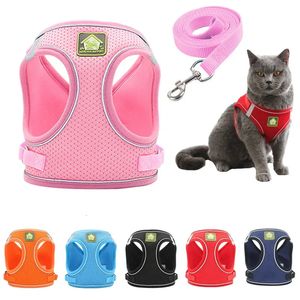 Cat Collars Leads Collar Harness Polyester Adjustable Kitten Vest Lead Cat Dogs Leash Puppy Medium Reflective Small Walking Mesh Harness With For 231009