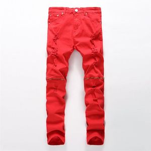 Новейшие мужские рваные джинсы, красные, черные, белые джинсы в стиле хип-хоп на молнии, мужские потертые байкерские джинсы в стиле панк-рок, эластичные джинсовые брюки p253S