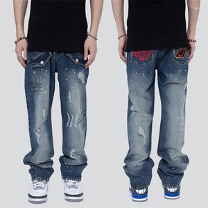 Jeans da uomo High Street pieghettati ricamati Splash Ink Uomo Streetwear Pantaloni larghi in denim retrò Hip-Hop dritti