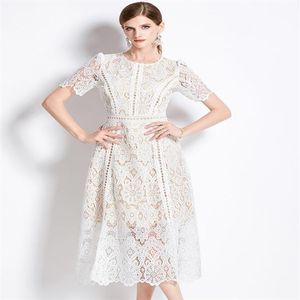 Basic Casual Dresses French Fashion Lace Hollow Out Long Dress Women Summer Short Sleeve Elegant Mid-Length High Quality Vestidos 312z