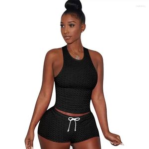 Active Set Women Summer Yoga Set Tracksuits ärmlösa Shorts Tight Lace Elasticity Mid midjerörelse Träna ut två stycken kostym