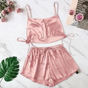 Frauen Polyester 1 Set Dessous Satin Seide Bowknot Leibchen Shorts Set Nachtwäsche Verband Dessous Einfarbig #P5263W