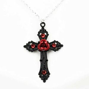 Pendanthalsband Black Cross med Red Rose Necklace Gothic Fashion Jewelery Statement Cross Pendant Gift Romantic Valentine Victorian Women Gift X1009