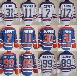 CCM Hockey Retro 17 Jari Kurri Jersey emeryt 99 Wayne Gretzky 31 Grant Fuhr 11 Mark Messier 30 Bill Ranford 7 Paul Coffey 89 Sam Gagner Blue White Vintage