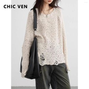 Women's T Shirts CHIC VEN Women T-Shirts Streetwear Solid Loose Knit Hollowed Long Sleeved Base Tees Female Tops Pullovers Autumn Spring