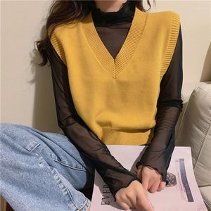 Suéteres femininos com decote em v camisola colete primavera outono sem mangas malha pulôver coreano vintage preto branco bege amarelo verde rosa