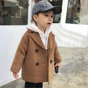 Barnfjäder och hösten New Coat Boy Baby Woolen Coat Långt dubbelbröst varma barn Toddler Lapel Tweed Winter Coat