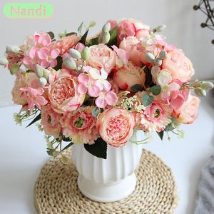 Fiori decorativi Rosa Peonia di seta Rosa artificiale Matrimonio Casa Decorazione fai da te Grande bouquet artigianale di alta qualità Bianco finto