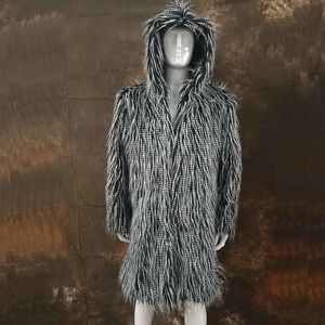 Men's Leather Faux Leather winter autumn men faux fur Hooded coat long windbreaker loose warm fashion man rabbit fur Peacock feather leather jacket 231007