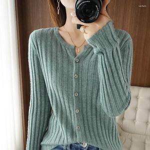 Women's T Shirts Elastic Outerwear Knitted Cardigan Women Striped Sweater Short Long Sleeve Button Knit Top Girls Vintage Green Knitwear