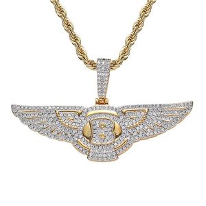 18K Gold Plated Angel Wings Necklace Pendant Iced Out Zircon Mens Bling Jewelry Gift292A