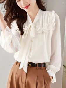 Women's Blouses Elegant Ruffles Bow Collar Lantern Sleeve Chiffon Shirt Lady Summer Autumn Solid Color Single Breasted White