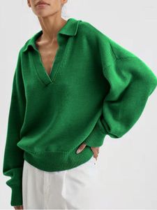 Frauen Pullover Herbst Winter Mode Kleidung Einfarbig V-ausschnitt Gestrickte Polo Kragen Übergroßen Lose Pullover Grün Pullover Frauen