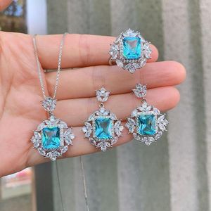 Kolye küpeleri Set Eyika Gümüş Renk Zirkon Düğün Kadınlar Vintage Square Aquamarine Taş Çiçek Yüzükler Kolye