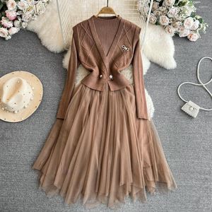 Work Dresses Autumn And Winter Korean Style Long-sleeved Stand-up Collar Knit Splicing Waist Irregular Mesh Dress V-neck Vest For Women