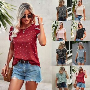 Women's Blouses Elegant Blouse2023 Summer Lady Casual Round Neck Loose Blouse Dot Print Lace Short Sleeve Top