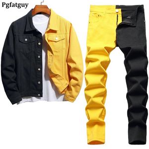 Новые спортивные костюмы, двухцветные мужские комплекты с вышивкой, весенне-осенние желто-черные джинсовые куртки и эластичные джинсы, 2 шт., мужская одежда327K
