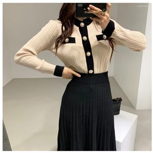Work Dresses DALMAZZO Knitting 2 Pieces Sets For Women Cardigan Contrast Color Pearl Button Sweater Tops Pleated Long Skirt Suit Fall Femme