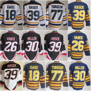 CCM Hockey Retro 30 Ryan Miller tröjor går i pension 39 Dominic Hasek 77 Pierre Turgeon 26 Thoma Vanek 18 Danny Gare 16 Pat Lafontaine 11 Perreault Vintage Navy White Black