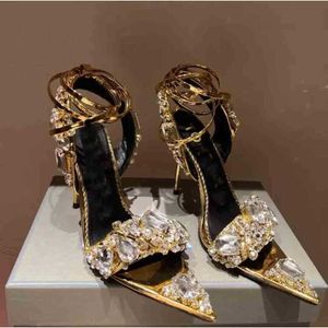 Vestido de casamento sapatos sandálias femininas sandália tornozelo cinta espelho couro cravejado pedras de cristal jóias pontiagudas crystalembellish