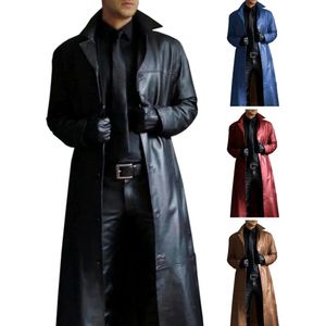 Jaqueta masculina de couro sintético liso com gola virada para baixo, casaco de outono à prova de vento, slim fit de manga comprida, trench coats masculinos
