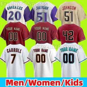 Personalizado Randy Johnson Baseball Jersey Metel Marte 55 Austin Adams 7 Corbin Carroll Miguel Castro Ryan Thompson Dominic Fletcher Jameson Mens Mulheres Crianças Juventude