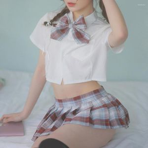 Vestidos de trabalho menina estudante jk uniforme feminino lingerie sexy japonês doce xadrez cosplay trajes mini saia blusa conjunto babydoll vestido sexo