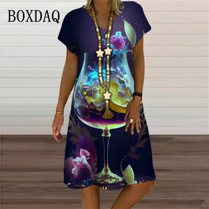 Casual Dresses Crystal Glass Fruit Lemon Beach Dress Summer V-Neck Kort ärm Löst elegant kvinnor Fashion Party Party