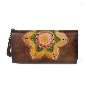 財布花柄の本物の革財布の女性手作りの本物のファーストレイヤーカウカードホルダーウォレットヴィンテージ大女性クラッチバッグ