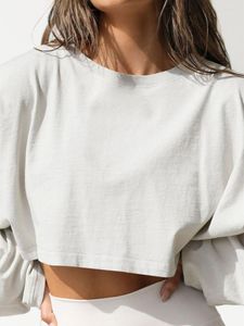 Damen Hoodies Frauen geschnittene Sweatshirt Langarm Crewneck Pullover Crop Top Feste Farbe Lose T -Shirt Casual Workout