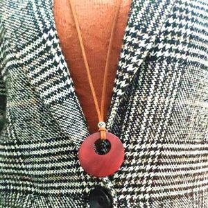 Double wood Circle pendants necklaces vintage long sweater chain simple wild leather cord men women Handmade carving jewelry 15pcs205s