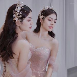 Hårklipp 2023 koreanska brudhuvudkläder handgjorda kristallblomma hårband örhängen set bröllop huvudbonad dekoration pannband tiara