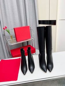 Boot womens designer high heel pump back studs and black calf leather ankle boots / knee over boot and sexy pointy winter fashion wedding wear super shoes with box 35-42