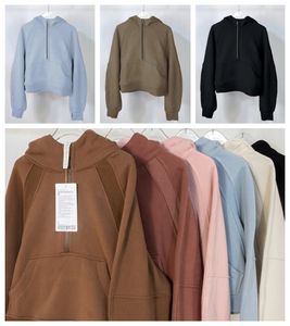 Lu kadın tüplü yarım zip kapüşonlu sweatshirt tasarımcı kıyafetleri kadınlar pembe fermuar up hoodie hoodys spor yarım fermuarlı terry tasarımcılar sweater chothing gevşek kısa